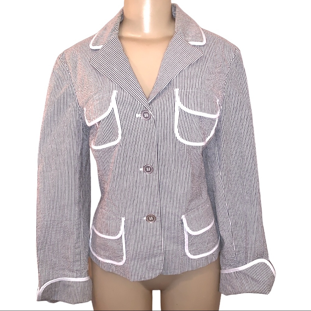 Liz Claiborne by Emma James Designer Stretch Striped Gray Suit Career Jacket